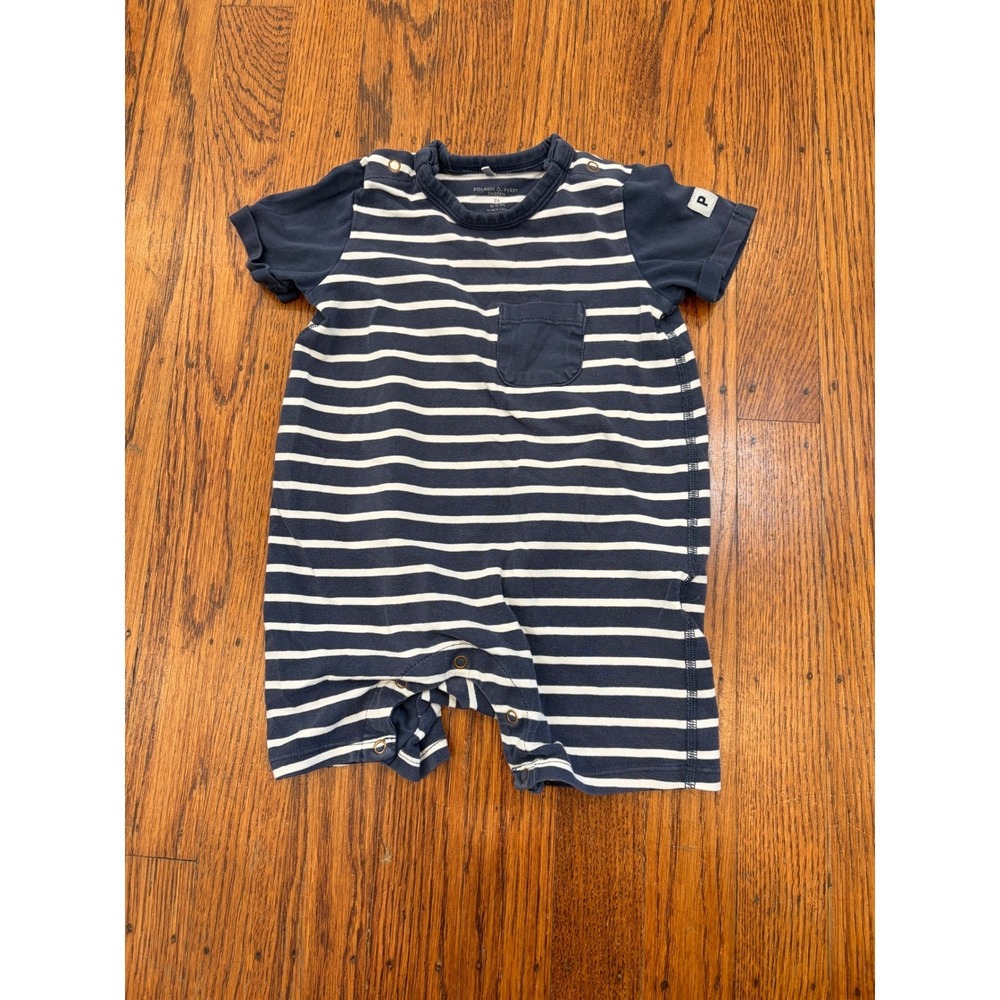 Polarn O. Pyret Baby Navy Blue White Striped Short Sleeve Romper 6-9 Months